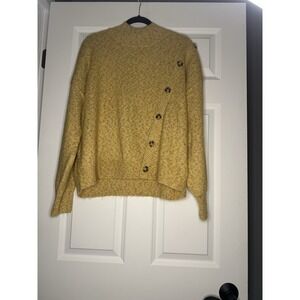 Hem And Thread  Marled Mock Neck Sweater Mustard Brown Decorative Buttons Large